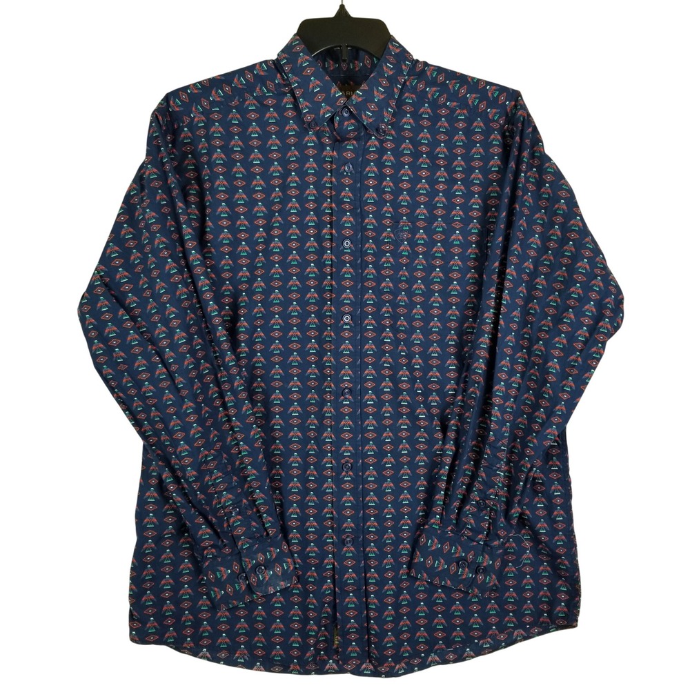 Ariat Mens Large Navy Thunderbird Geometric Print Cotton Button‎ Down Shirt L